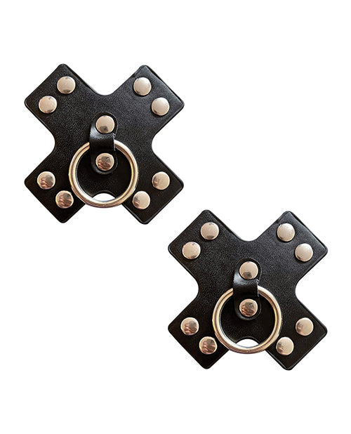Neva Nude Burlesque Cache-tétons réutilisables en silicone façon cuir et métal avec piercings - Noir Taille Unique