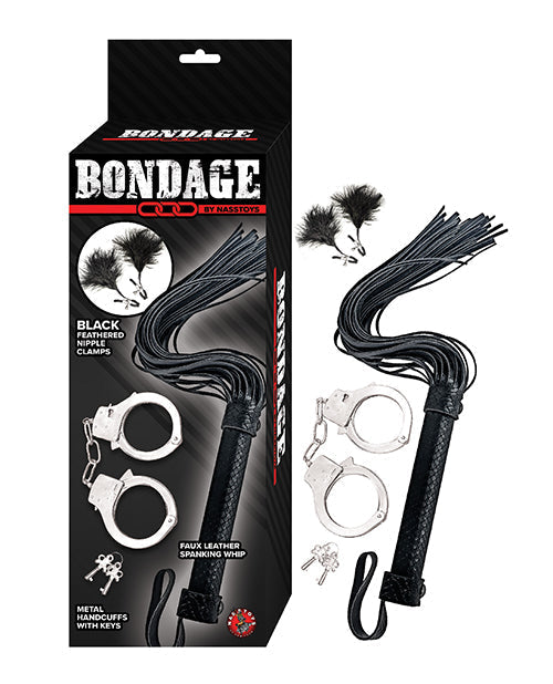 Conjunto de Látigo y Puños Bondage de Nasstoys - Negro