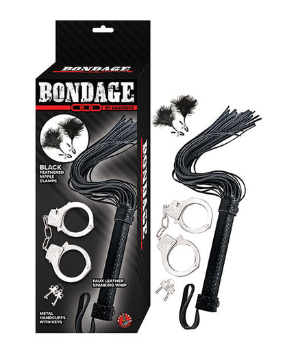 Conjunto de Látigo y Puños Bondage de Nasstoys - Negro