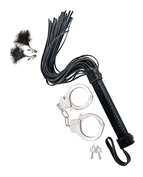 Conjunto de Látigo y Puños Bondage de Nasstoys - Negro
