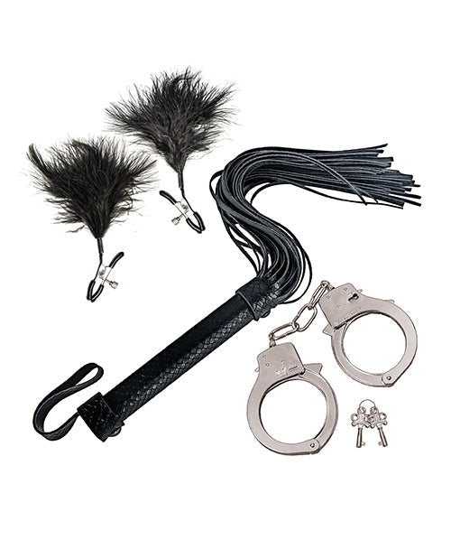 Conjunto de Látigo y Puños Bondage de Nasstoys - Negro