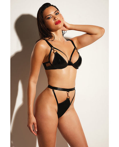Ensemble soutien-gorge à armatures non doublé et culotte en vinyle FETISH Excitement avec anneau en D et fermoir métallique Noir M