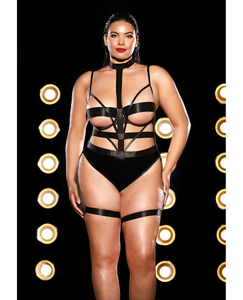 FETISH Teddy de vinilo letal con aros, ojales y gargantilla, negro 2X