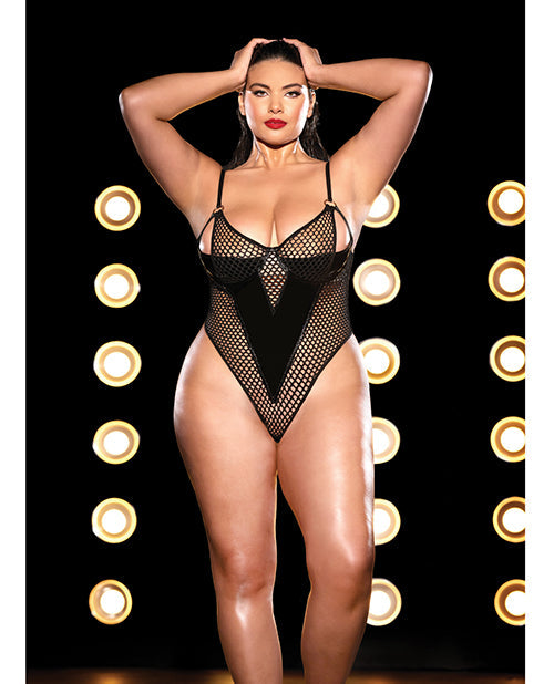 FETISH Atrevido Teddy negro con tanga de red y vinilo, copa abierta, talla 2X