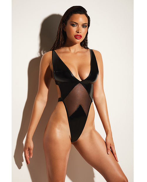 FETISH Teddy de vinilo y malla suave sin aros de corte alto negro 1X/2X
