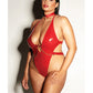 FETISH Nuisette en vinyle plongeant Soumise avec harnais-chaîne amovible et mitaines rouge 1X/2X