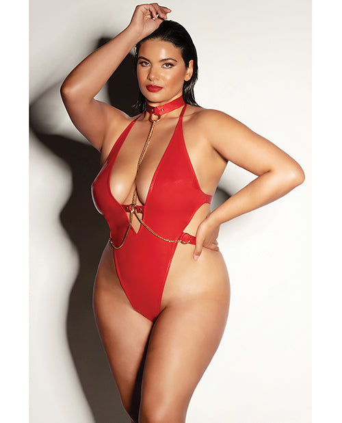 FETISH Nuisette en vinyle plongeant Soumise avec harnais-chaîne amovible et mitaines rouge 1X/2X
