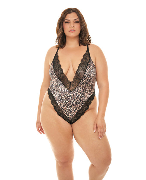 Nuisette Teddy en satin Jolene avec décolleté plongeant Léopard/Noir 3XL/4XL