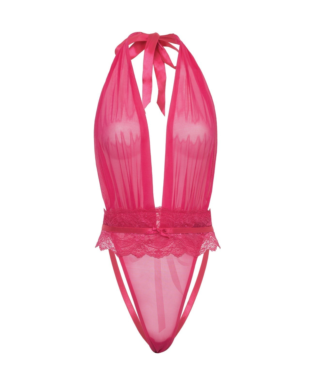 Teddy-nuisette dos-nu en résille et dentelle Maylah – Rose S/M
