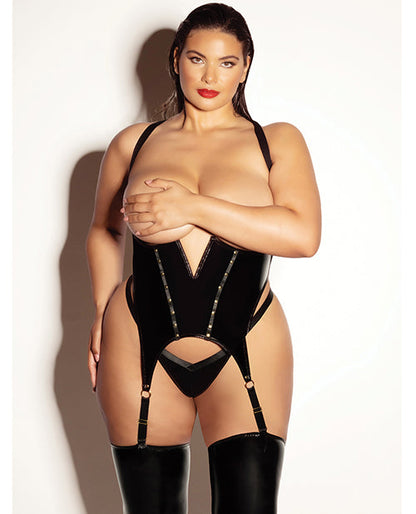 FETISH Merrywidow de vinilo con copa abierta y aros, con tanga - Negro 1X/2X
