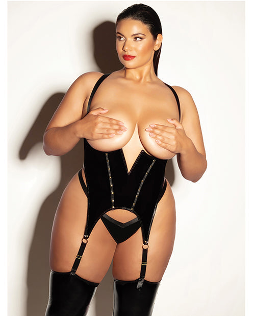 FETISH Merrywidow de vinilo con copa abierta y aros, con tanga - Negro 1X/2X