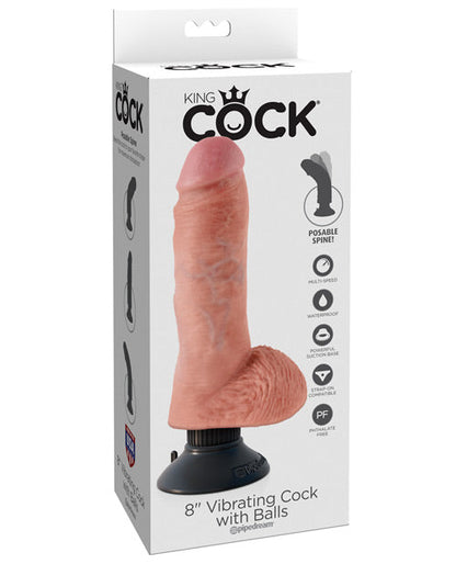 Grand gode de 20 cm "King Cock" | Godet vibrant avec testicules | Godet à ventouse effet chair | Grand gode