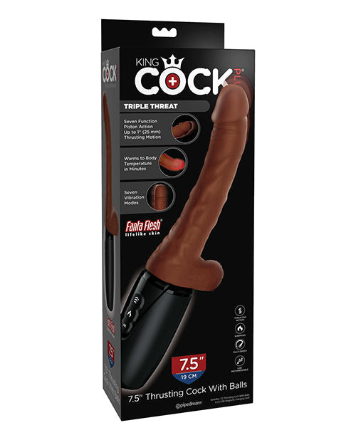King Cock Plus Pene de 7.5" con Triple Amenaza de Empuje, Calentamiento y Vibración - Marrón