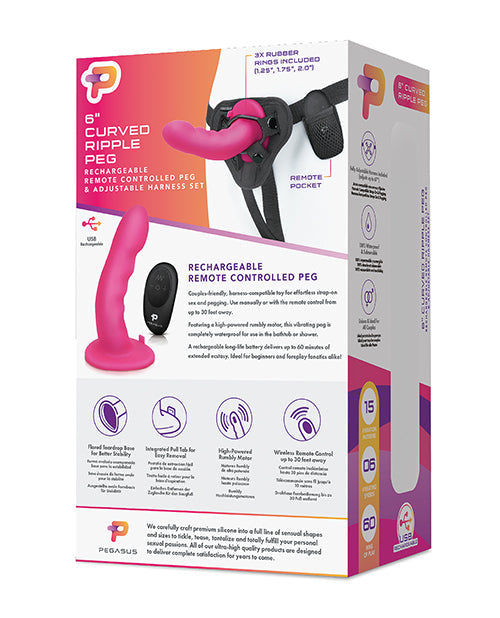 Pegasus Clavija ondulada recargable de 6" con arnés ajustable y control remoto - Rosa