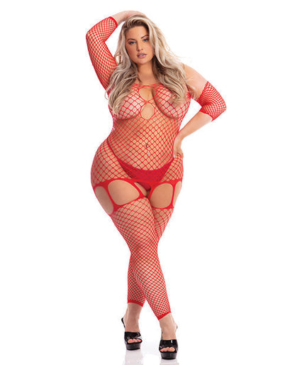 Collant résille rouge QN pour la tête, avec rouge à lèvres rose