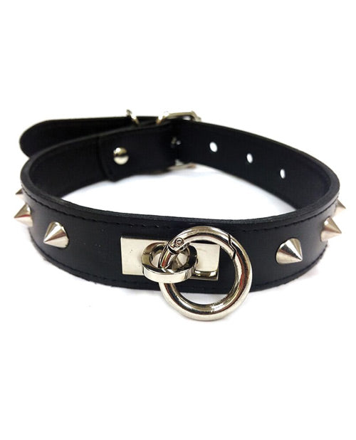 Collier clouté Rouge en cuir avec anneau en O - Noir