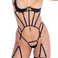 Corpiño Caged Temptress de satén y tul con detalle de cadenas drapeadas y tanga, negro, talla grande
