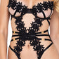 Body de encaje guipur floral Ebony Rose, ribete de encaje, color negro, talla XL