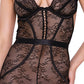 Combinaison moulante sans manches en dentelle extensible Chantilly avec garniture en satin noire TP/P