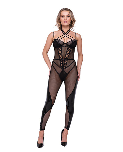 Combinaison moulante coquine en résille et similicuir avec garnitures en satin noir T.L.
