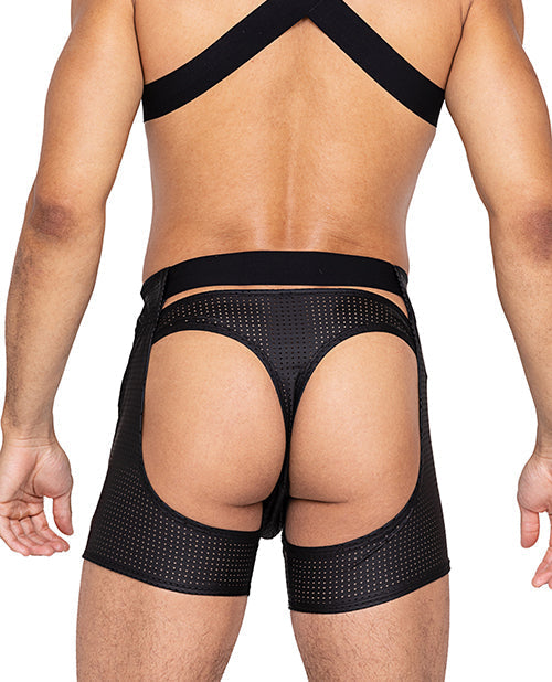 Jambières Maître Chaps avec Fermeture Crochet et Anneau et Découpe Arrière (Tanga Non Inclus) - Noir M/D