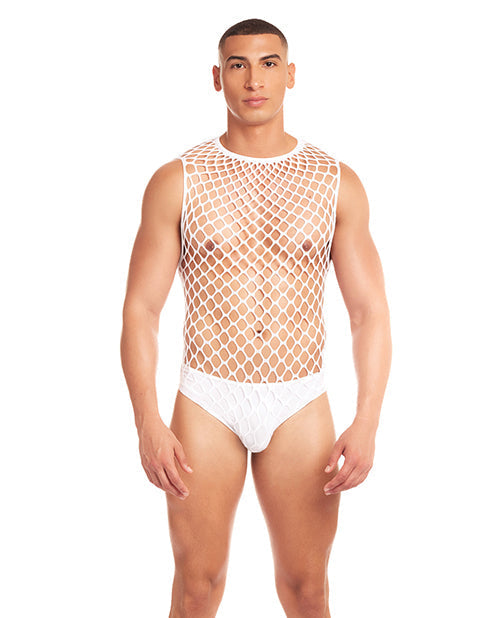Unitardo de malla grande Rainbow Party con efecto completo, conjunto de 2 piezas con tanga - Blanco S/M