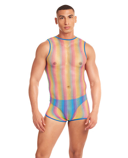 Conjunto de 2 piezas de camiseta de tirantes de malla Rainbow Party Pride con tanga - Arcoíris G/XL