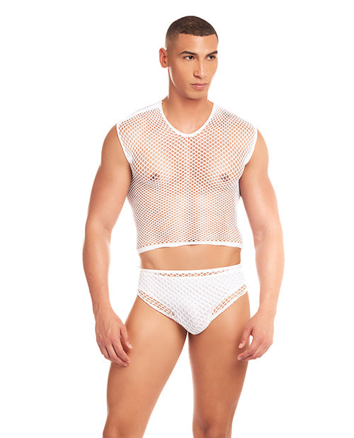 Ensemble 3 pièces en résille large Rainbow Party Net-Flex avec string – Blanc TP/P