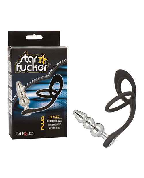 Bouchon anal clouté Star Fucker avec rehausseur en silicone - Noir