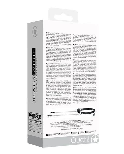 Mordaza transpirable Shots Ouch en blanco y negro con pinzas para pezones - Negra