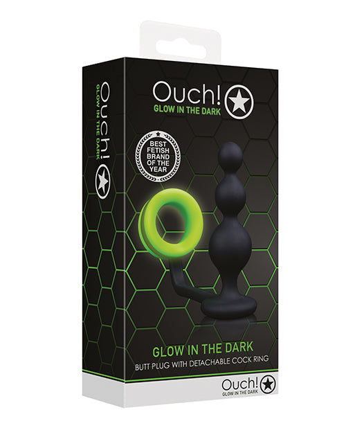 Tapón anal Shots Ouch Beads con aro para pene - Brilla en la oscuridad
