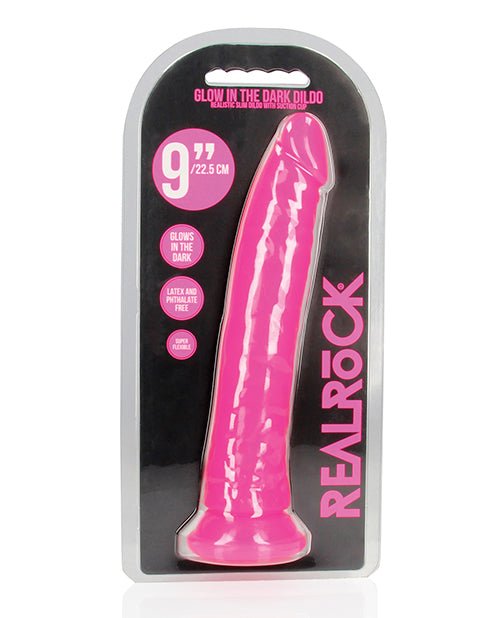 Godemichet de 22,8 cm Shots RealRock | Godemichet fin rose fluo | Godemichet ventouse phosphorescent