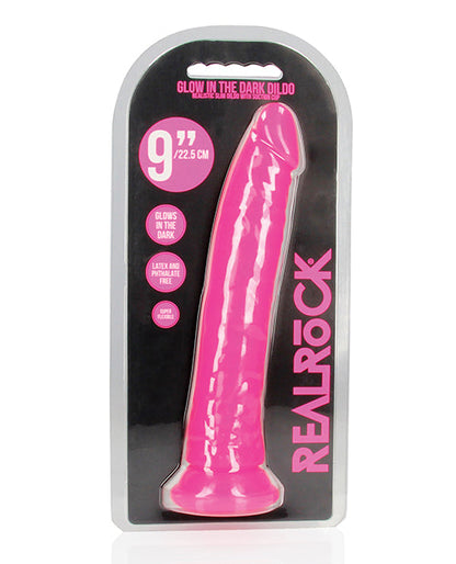 Godemichet de 22,8 cm Shots RealRock | Godemichet fin rose fluo | Godemichet ventouse phosphorescent