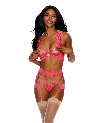 Soutien-gorge à armatures en dentelle ouvert, porte-jarretelles et string corail TP/P