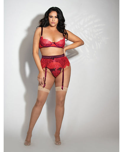 Soutien-gorge à armatures en dentelle cils, jupe jarretelles et string rouge 3X/4X