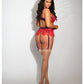 Soutien-gorge à armatures en dentelle cils, jupe jarretelles et string rouge 3X/4X