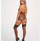 Floral Embroidered Lace Chemise w/Adjustable Garters & Thong Black/Red SM