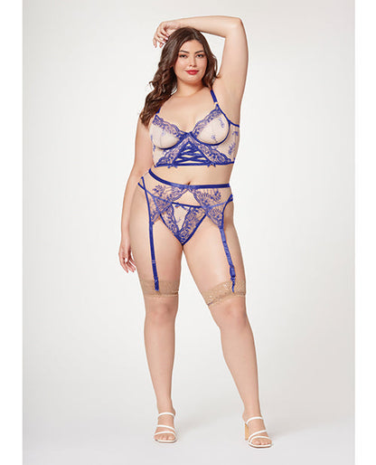 Malla elástica transparente con bustier, liguero y tanga con bordado floral en contraste Azul/Nude 1X/2X