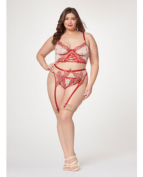 Bustier, porte-jarretelles et string en maille extensible transparente avec broderie florale contrastante rouge/chair 1X/2X