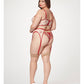Bustier, porte-jarretelles et string en maille extensible transparente avec broderie florale contrastante rouge/chair 1X/2X