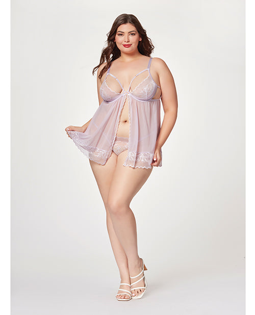 Babydoll y Tanga de Malla Transparente y Encaje con Copa Media, Lavanda 3X/4X
