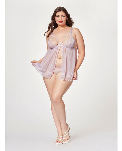 Babydoll y Tanga de Malla Transparente y Encaje con Copa Media, Lavanda 3X/4X