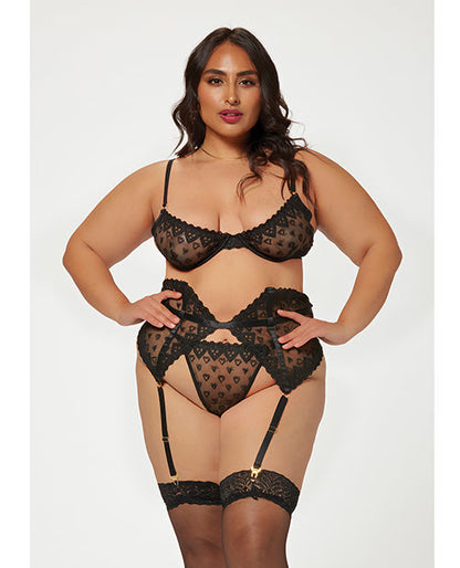 Sujetador, Waspie y Braguita de Malla con Corazones Bordados de San Valentín Negro 1X/2X