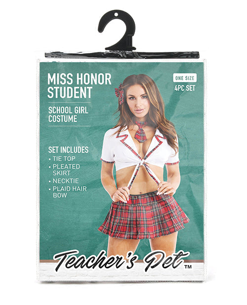Conjunto de colegiala "la favorita del profesor": blusa anudada, falda plisada, corbata y lazo para el pelo, color rojo, talla única