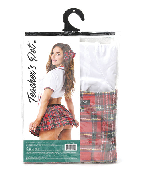 Conjunto de colegiala "la favorita del profesor": blusa anudada, falda plisada, corbata y lazo para el pelo, color rojo, talla única