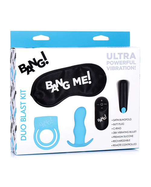 ¡Bang! Kit de vibradores con control remoto para el anillo peneano y el tapón anal Duo Blast - Azul