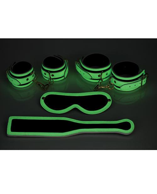 Master Series Kink in the Dark Juego de puños que brillan en la oscuridad, venda para los ojos y pala