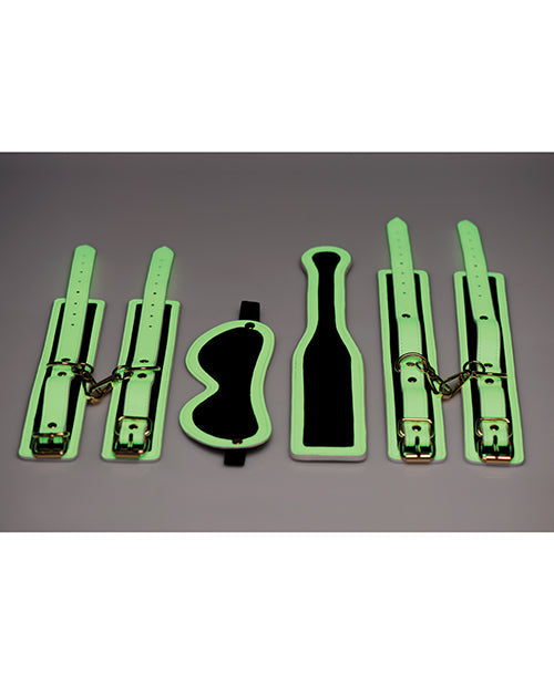 Master Series Kink in the Dark Juego de puños que brillan en la oscuridad, venda para los ojos y pala