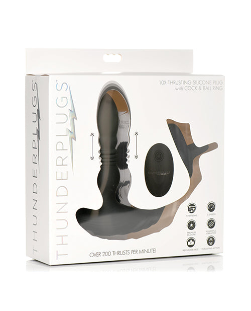 Vibromasseur en silicone ThunderPlugs 10X avec anneau pénien et scrotal et télécommande - Noir