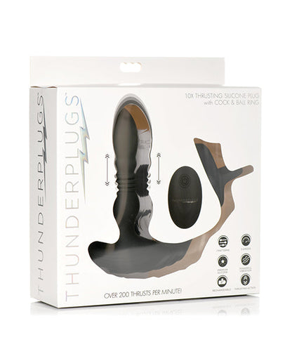 Vibromasseur en silicone ThunderPlugs 10X avec anneau pénien et scrotal et télécommande - Noir
